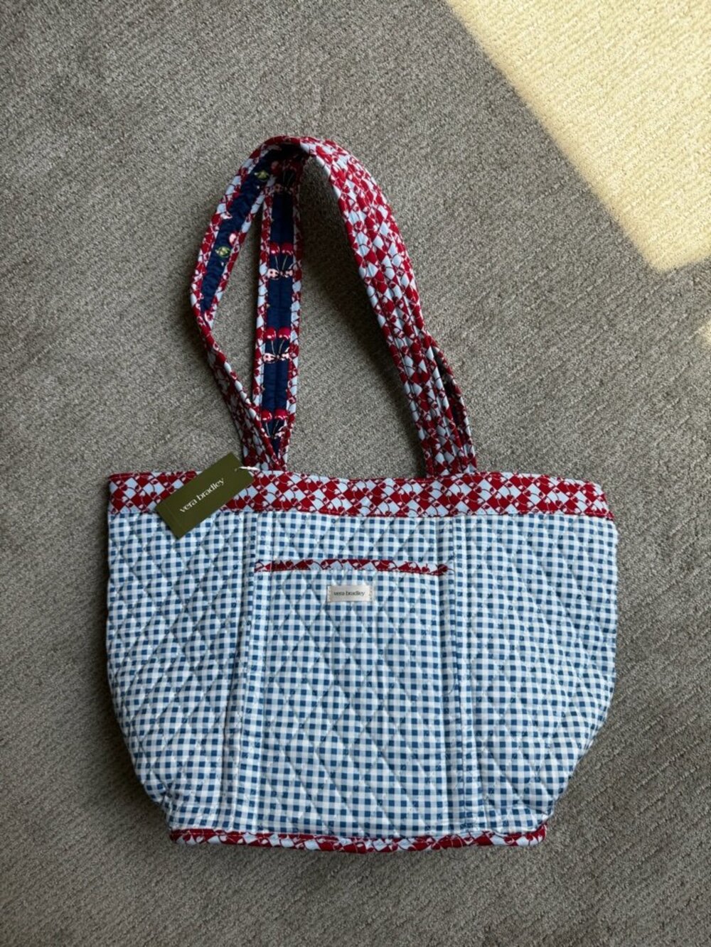 Vera Bradley Reversible Quilted Red, White, & Blue Gingham Cherry Print Tote NWT - Picture 4 of 8